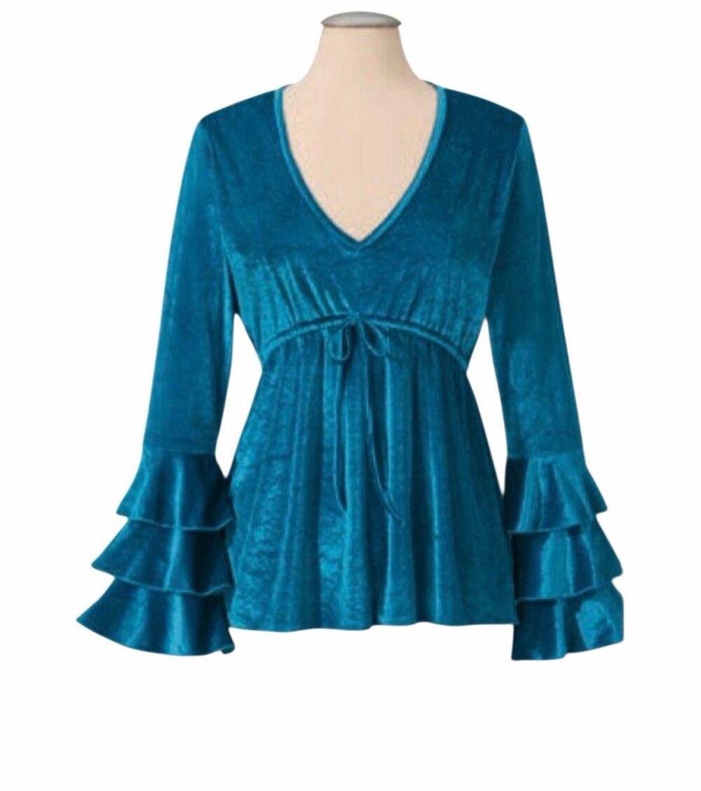 Pyramid Collection Velvet flame Bell Sleeve Top Turquoise Romantic Womens 3X NEW